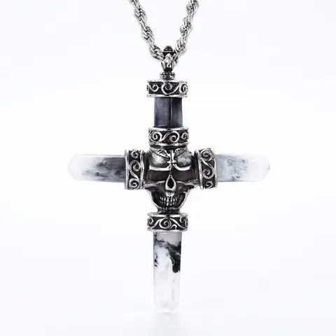 Pendentif Croix Crâne Gothique Rétro Acier Inoxydable Motif Marbre Style Punk Rock Bijoux Pour Hommes