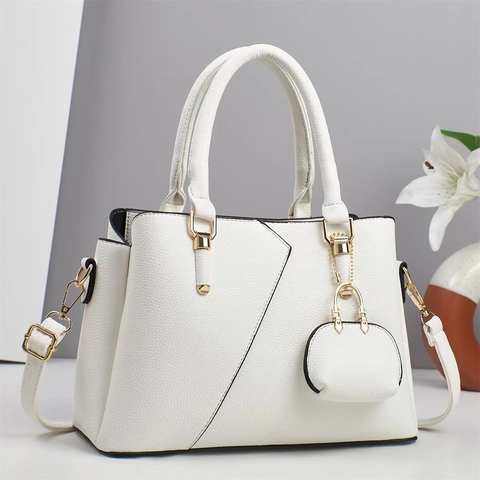 Women Litchi Pattern PU Leather Handbag Elegant Diagonal Stitching Shoulder Crossbody Bag With Mini Pouch Charm