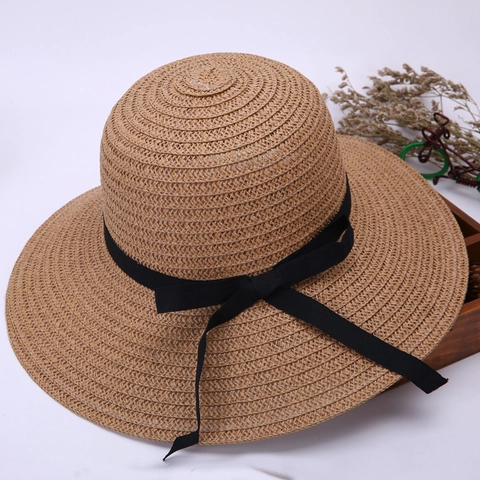 Women Straw Sun Hat Wide Brim Foldable Beach Vacation Summer Ribbon Bow Elegant Breathable Accessory