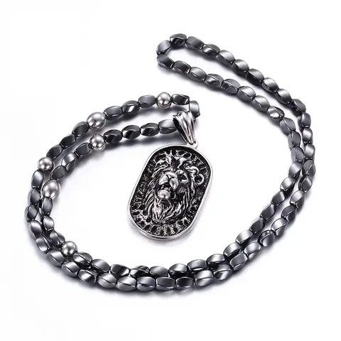 Löwenkopf Anhänger Halskette Mit 316L Edelstahl Und Hämatit Perlen Punk Hip Hop Stil Schmuck Für Herren