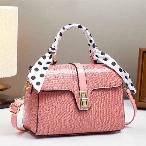 Crocodile Pattern PU Leather Handbag With Satin Scarf Handle Detachable Strap Square Shoulder Crossbody Bag For Women