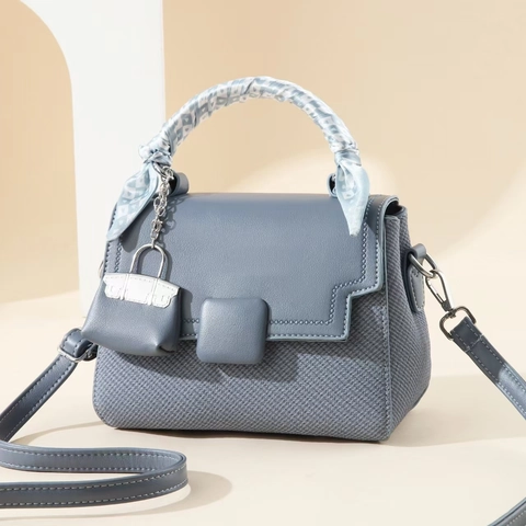Fashion Women Handbag PU Leather Woven Texture Satin Scarf Handle Mini Bag Charm Crossbody Shoulder Bag Small Square Elegant