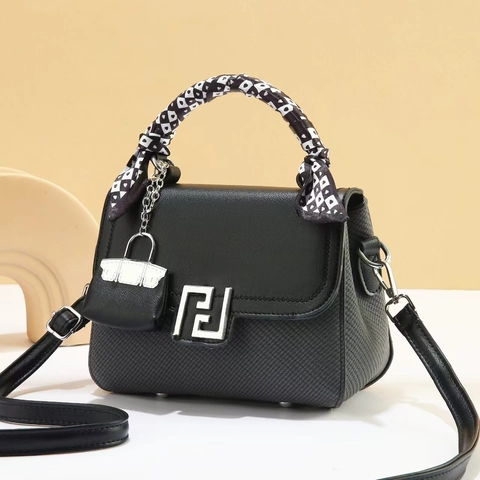 Women Fashion PU Leather Small Square Bag With Silk Scarf Handle Decoration And Mini Charm Elegant Commuter Crossbody Bag