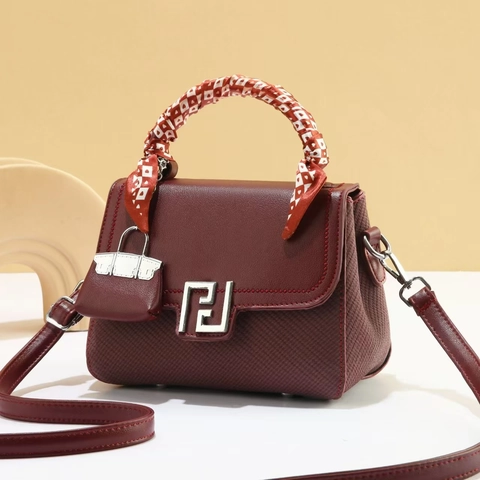 Women Fashion PU Leather Small Square Bag With Silk Scarf Handle Decoration And Mini Charm Elegant Commuter Crossbody Bag