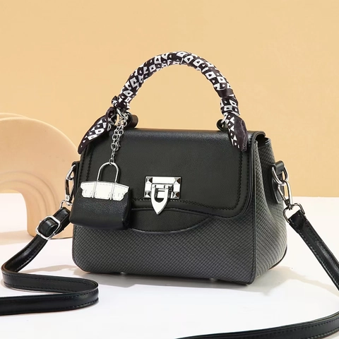 Women PU Leather Handbag Woven Texture Scarf Wrapped Handle Metal Lock Crossbody Shoulder Bag Elegant Office Lady