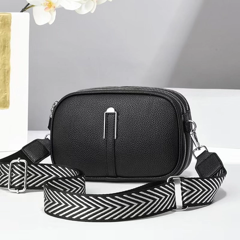 Women Pebbled PU Leather Crossbody Bag 3 Zipper Layers Wide Chevron Strap Casual Camera Shoulder Bag