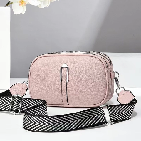 Women Pebbled PU Leather Crossbody Bag 3 Zipper Layers Wide Chevron Strap Casual Camera Shoulder Bag