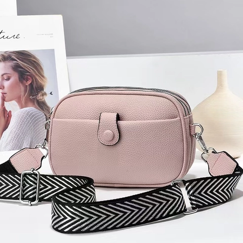 Women Crossbody Camera Bag PU Leather Litchi Texture Triple Zipper Layers Wide Webbing Strap Fashionable Small Square