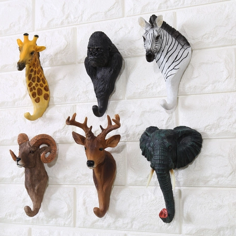 Retro Animal Head Wall Hooks Resin Decorative Coat Hat Hanger Realistic 3D Sculpture Home Bar Cafe Wall Decor