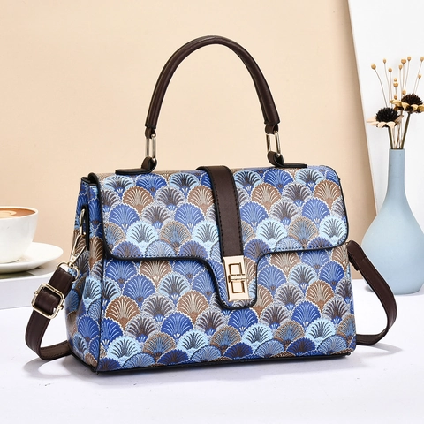 Borsa A Mano Retrò Donna Pelle PU Stampa Conchiglia Borsa A Tracolla Elegante Manico Superiore Chiusura Girevole Oro
