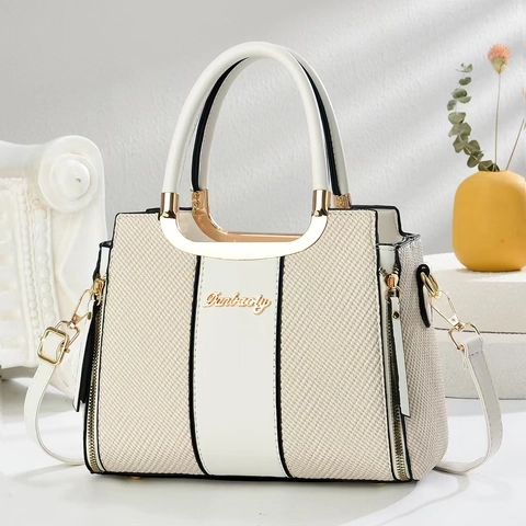 Damen Patchwork Umhängetasche Webstruktur PU Leder Handtasche Große Kapazität Top Griff Crossbody Tasche Urbaner Minimalismus Tasche