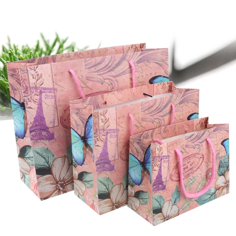 Eiffel Tower Retro Pink Cardboard Gift Bags With Flower Butterfly Print Handbags For Wedding Valentine Day Packaging