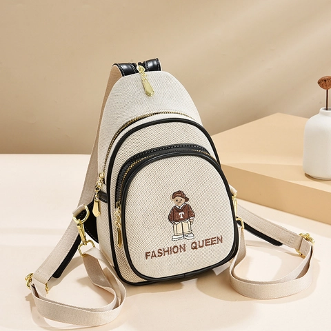 Mini Mochila De Lona Mujer Ribete Cuero Bordado Oso Bolso De Pecho Casual Multi Bolsillo Bandolera Viaje Escuela