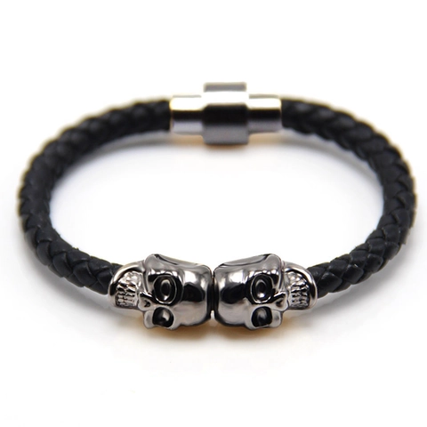 Punk Men Braided Synthetic Leather Bracelet With Skull Alloy Beads Copper Magnetic Clasp Rock Street Fashion Jewelry Gift