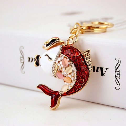 Enamel Koi Fish Keychain Rhinestone Cat Eye Stone Zinc Alloy Animal Lucky Charm Bag Pendant For Women Jewelry Gift