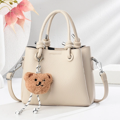 Mini Borsa A Mano Donna Pelle PU Motivo Litchi Manico Con Nodo Borsa A Tracolla Con Ciondolo Orsetto Di Peluche Versatile