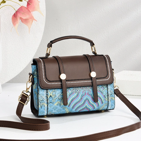 Borsa A Mano Vintage Da Donna Pelle PU E Tessuto Jacquard Motivo Retrò Borsa A Tracolla Tracolla Rimovibile Pendolare