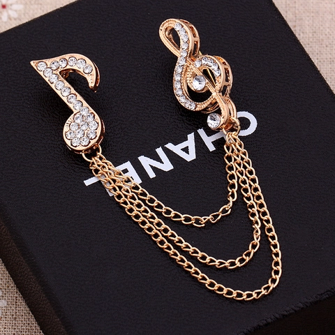 Music Note Brooch Pin Alloy Rhinestone Tassel Chain Treble Clef Lapel Pin For Suit Dress Accessory