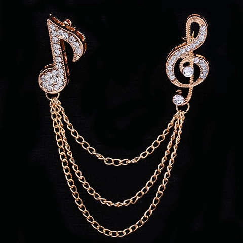 Music Note Brooch Pin Alloy Rhinestone Tassel Chain Treble Clef Lapel Pin For Suit Dress Accessory
