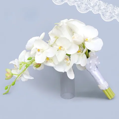 Elegant Calla Lily Phalaenopsis Orchid Bridal Bouquet Cascading Teardrop Waterfall Wedding Flower Artificial Satin Satin