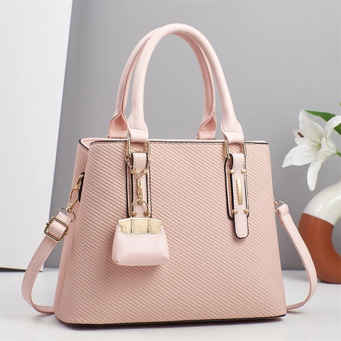 Woven Texture PU Leather Handbag Women Elegant Top Handle Shoulder Crossbody Bag With Mini Charm Accessory Versatile