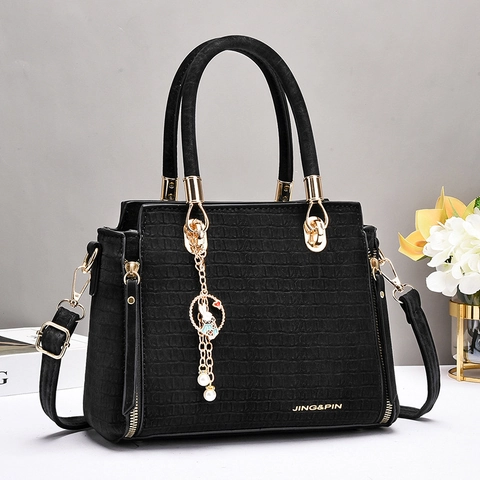 Women Fashion Crocodile Pattern PU Leather Handbag With Rabbit Pearl Pendant High Capacity Shoulder Bag Crossbody Purse