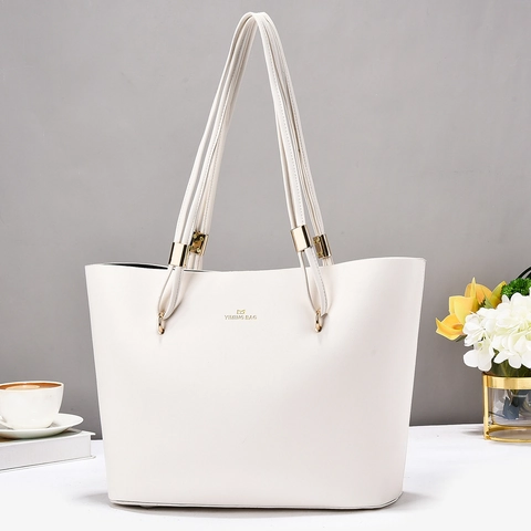 Women Large Capacity Tote Bag PU Leather Solid Color Shoulder Handbag With Gold Hardware For Daily Work Street Style
