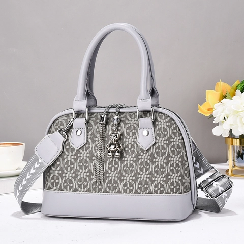 Women PU Leather Shell Handbag Geometric Print Crossbody Bag With Wide Shoulder Strap Bear Pendant Tassel Elegant Trendy