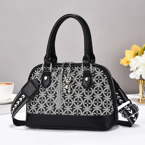 Women PU Leather Shell Handbag Geometric Print Crossbody Bag With Wide Shoulder Strap Bear Pendant Tassel Elegant Trendy