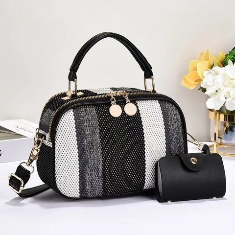 Gestreifte Gewebte Handtasche Und Passendes Portemonnaie PU Leder Griff Umhängetasche Für Damen Elegant Trendig