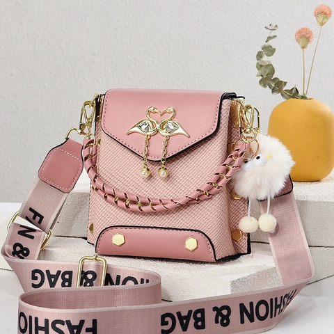 Women Crossbody Bag PU Leather Woven Swan Metal Buckle Small Square Shoulder Bag Wide Printed Strap Plush Ball Charm