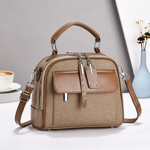 Borsa A Mano Vintage Donna Tela E Pelle PU Borsa A Tracolla Arredamento Rivetti Manico Superiore Tracolla Regolabile Moda Retro