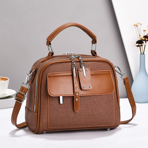 Borsa A Mano Vintage Donna Tela E Pelle PU Borsa A Tracolla Arredamento Rivetti Manico Superiore Tracolla Regolabile Moda Retro