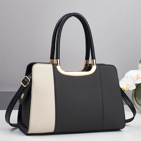 Bolso De Mano Para Mujer Contraste De Colores Patchwork Cuero PU Bolso Bandolera Herrajes Dorados Correa Ajustable