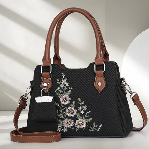 Elegante Damen Handtasche Mit Blumenstickerei PU Leder Gewebte Textur Umhängetasche Mit Mini Anhänger Große Kapazität