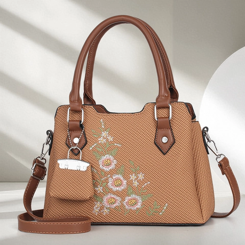 Elegante Damen Handtasche Mit Blumenstickerei PU Leder Gewebte Textur Umhängetasche Mit Mini Anhänger Große Kapazität