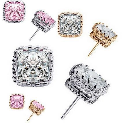 Square Cubic Zirconia Stud Earrings Copper Hollow Crown Princess Cut Retro Style Jewelry For Women Elegant