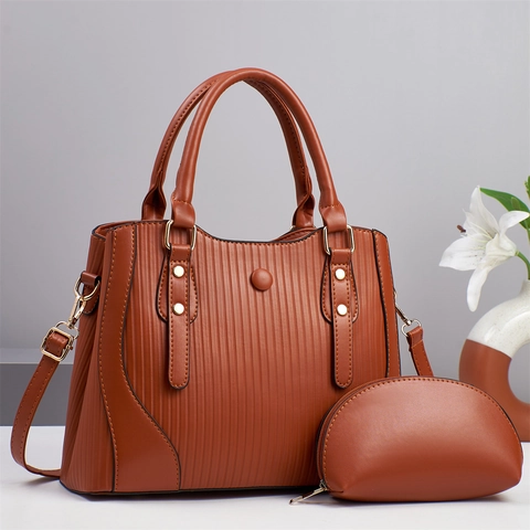 Large Capacity PU Leather Handbag And Coin Purse Vertical Pleated Pattern Top Handle Crossbody Bag For Women