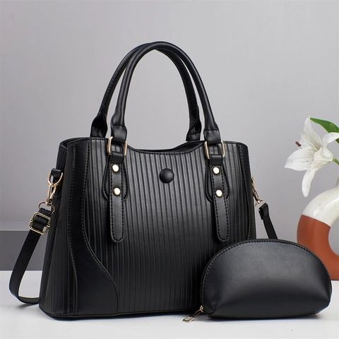 Large Capacity PU Leather Handbag And Coin Purse Vertical Pleated Pattern Top Handle Crossbody Bag For Women