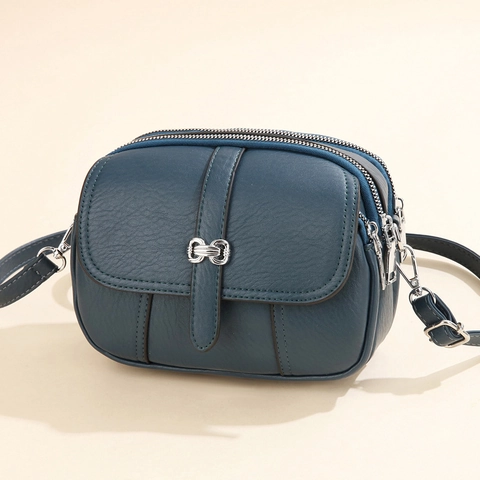 Women Crossbody Bag PU Leather Lychee Pattern Multi Zipper Layers Compartment Shoulder Bag Silver Buckle Street Trend Fashion