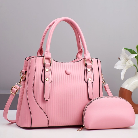 Women Elegant Pleated PU Leather Tote Bag And Mini Pouch Vertical Texture Large Capacity Handbag Multi Layer Shoulder Bag