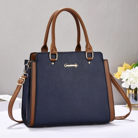 Women Handbag Lychee Pattern PU Leather Tote Contrast Color Crossbody Bag Gold Hardware Double Handle Commuter Fashion