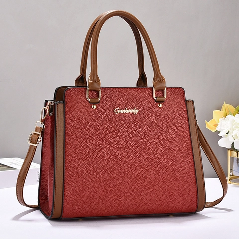 Women Handbag Lychee Pattern PU Leather Tote Contrast Color Crossbody Bag Gold Hardware Double Handle Commuter Fashion