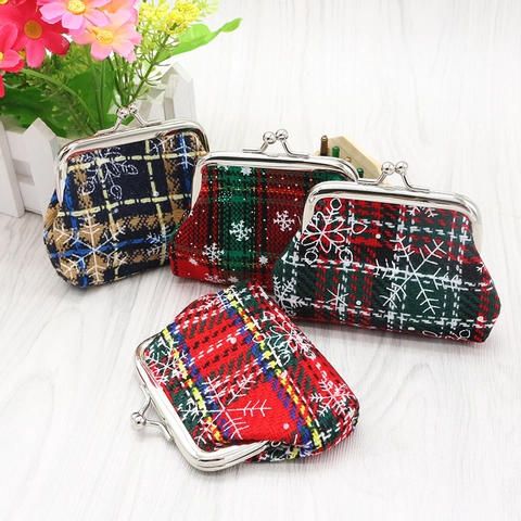 Mini Porte-monnaie De Noël Tissu Écossais Imprimé Flocon De Neige Vintage Fermoir Métallique Petit Portefeuille Sac À Bonbons