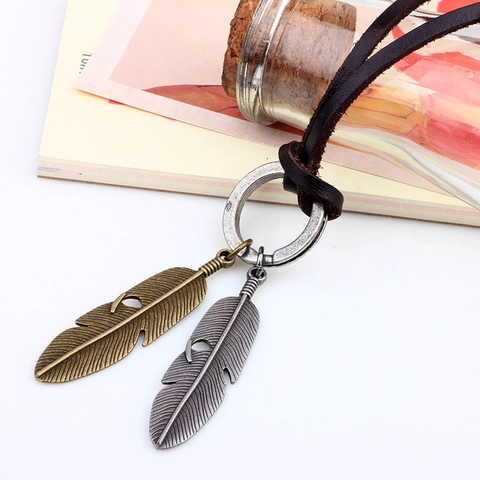 Collana Con Pendente A Doppia Piuma Vintage Da Uomo Corda In Pelle Regolabile Gioielli In Lega Stile Retrò Marrone