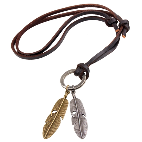 Collana Con Pendente A Doppia Piuma Vintage Da Uomo Corda In Pelle Regolabile Gioielli In Lega Stile Retrò Marrone