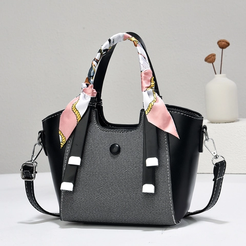 Vintage PU Leather Patchwork Handbag With Satin Scarf Handle Retro Crossbody Bag For Women Trendy Commuting Small Tote