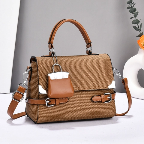 Women Handbag PU Leather Woven Texture Crossbody Bag With Mini Bag Charm Top Handle Trendy Square Shoulder Bag