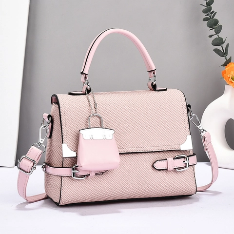Women Shoulder Bag Woven Texture PU Leather Top Handle Crossbody Purse Macaron Color Fashion Handbag With Mini Pendant