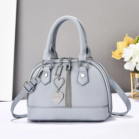 Sac à Main Rétro En Cuir PU Pour Femme Motif Litchi Breloque Cœur En Strass Et Gland Sac Bandoulière Forme Coquillage